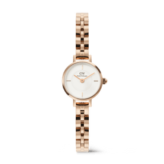 Petite Mini Arch 3-link White Rose Gold women’s watch featuring a petite arched 3-link rose gold bracelet, crisp white minimalist dial, and polished rectangular indices, designed for small wrists.