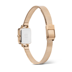 Quadro Mini Reflection Rose Gold watch shown from the back, highlighting the polished rose gold mesh strap, secure clasp, and stainless steel case with engraved branding.