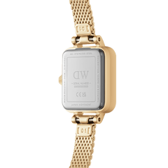 Quadro Mini Evergold watch caseback showing stainless steel details, gold mesh strap, and Japanese movement engraving.