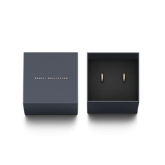 Pair of Elan Earrings Gold displayed in an elegant Daniel Wellington branded gift box, featuring minimalist gold hoops with subtle logo engraving, ideal for everyday wear or gifting.