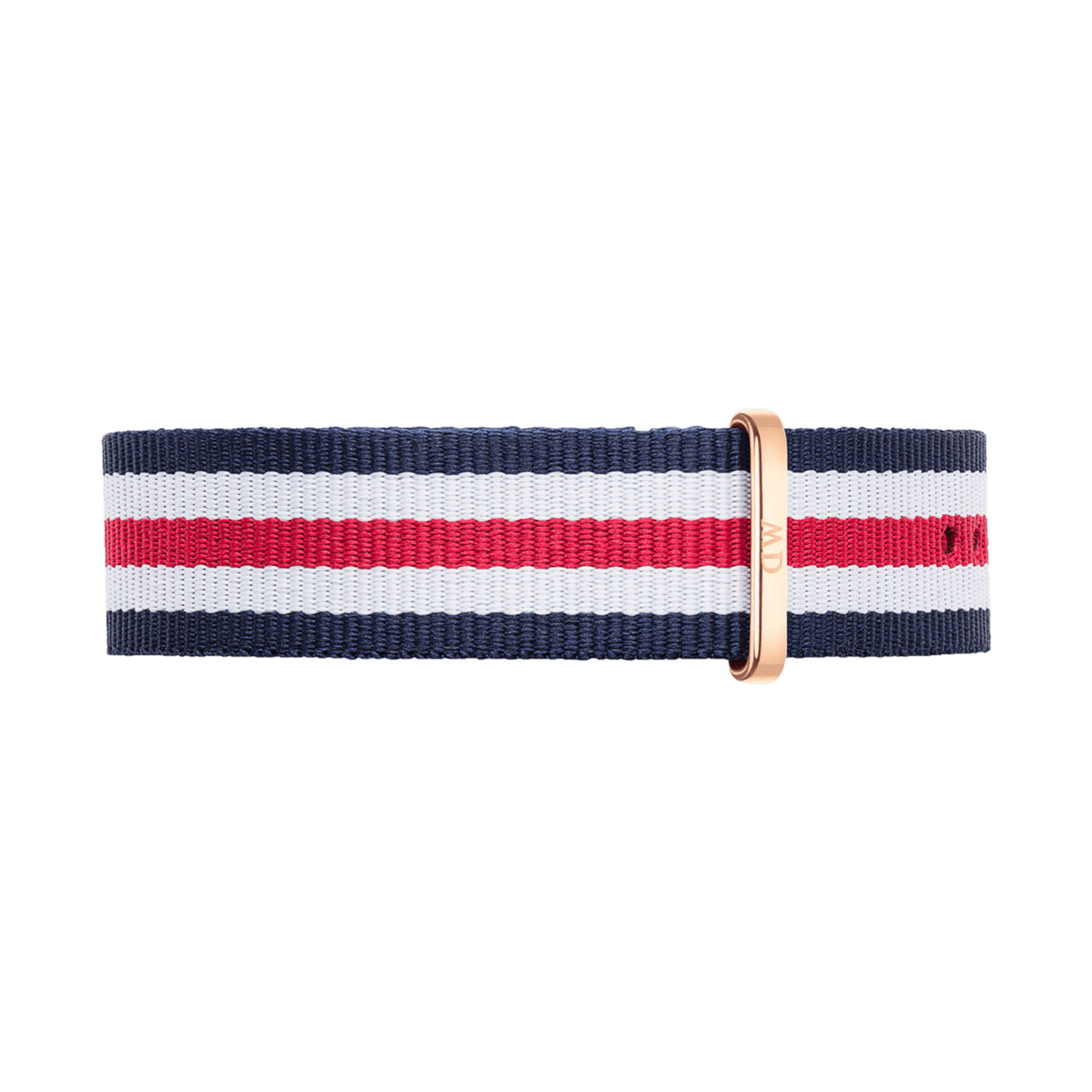 Navy blue, white, and red striped NATO watch strap with a rose gold buckle, crafted from durable polyester and designed for Daniel Wellington watches.