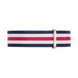 Navy blue, white, and red striped NATO watch strap with a rose gold buckle, crafted from durable polyester and designed for Daniel Wellington watches.
