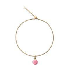 Gold bracelet with a heart-shaped rhodonite charm in soft pink, featuring a polished gold-toned bail and an adjustable clasp for a refined, contemporary style.