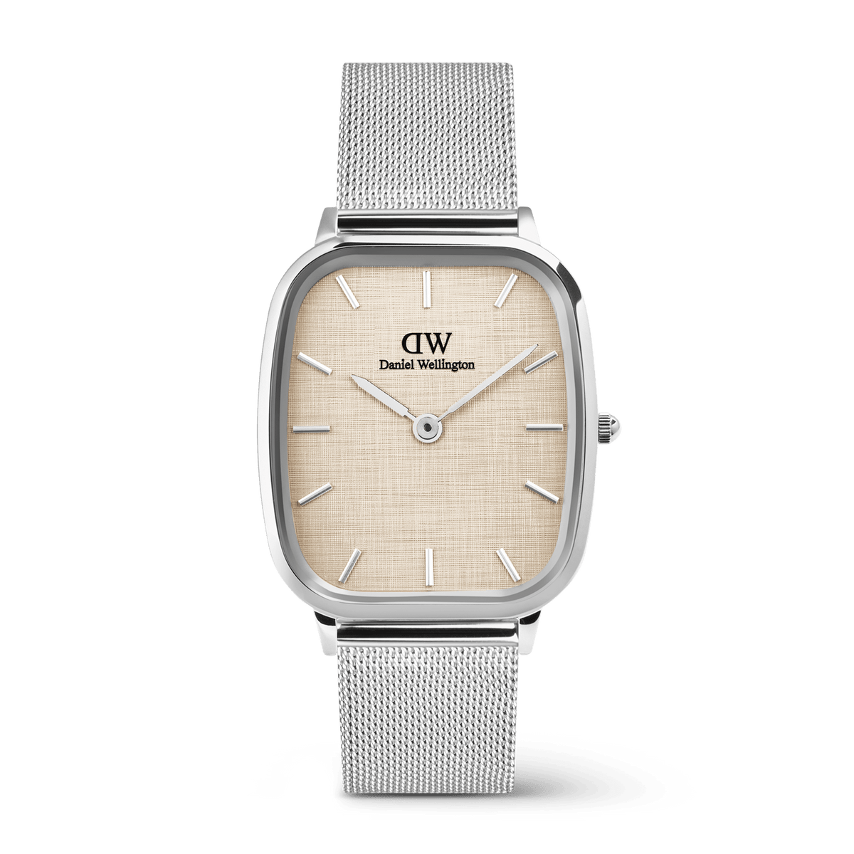 Silver Daniel Wellington Marlon Sterling Linen watch featuring a cushion-shaped stainless steel case, linen-textured beige dial, minimalist hour markers, and a sleek silver mesh strap with adjustable clasp.