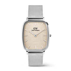 Silver Daniel Wellington Marlon Sterling Linen watch featuring a cushion-shaped stainless steel case, linen-textured beige dial, minimalist hour markers, and a sleek silver mesh strap with adjustable clasp.