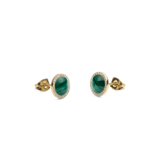 Pair of Audrey Earrings Malachite Gold, featuring domed green malachite stones with natural veining, set in gold and bordered by a row of white cubic zirconia crystals. The compact stud design highlights their elegant and versatile style.