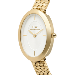 Close-up of the Juliette Braided Mesh White Sunray Gold watch, highlighting its gold-plated oval case, textured white sunray dial, and intricately woven mesh strap.