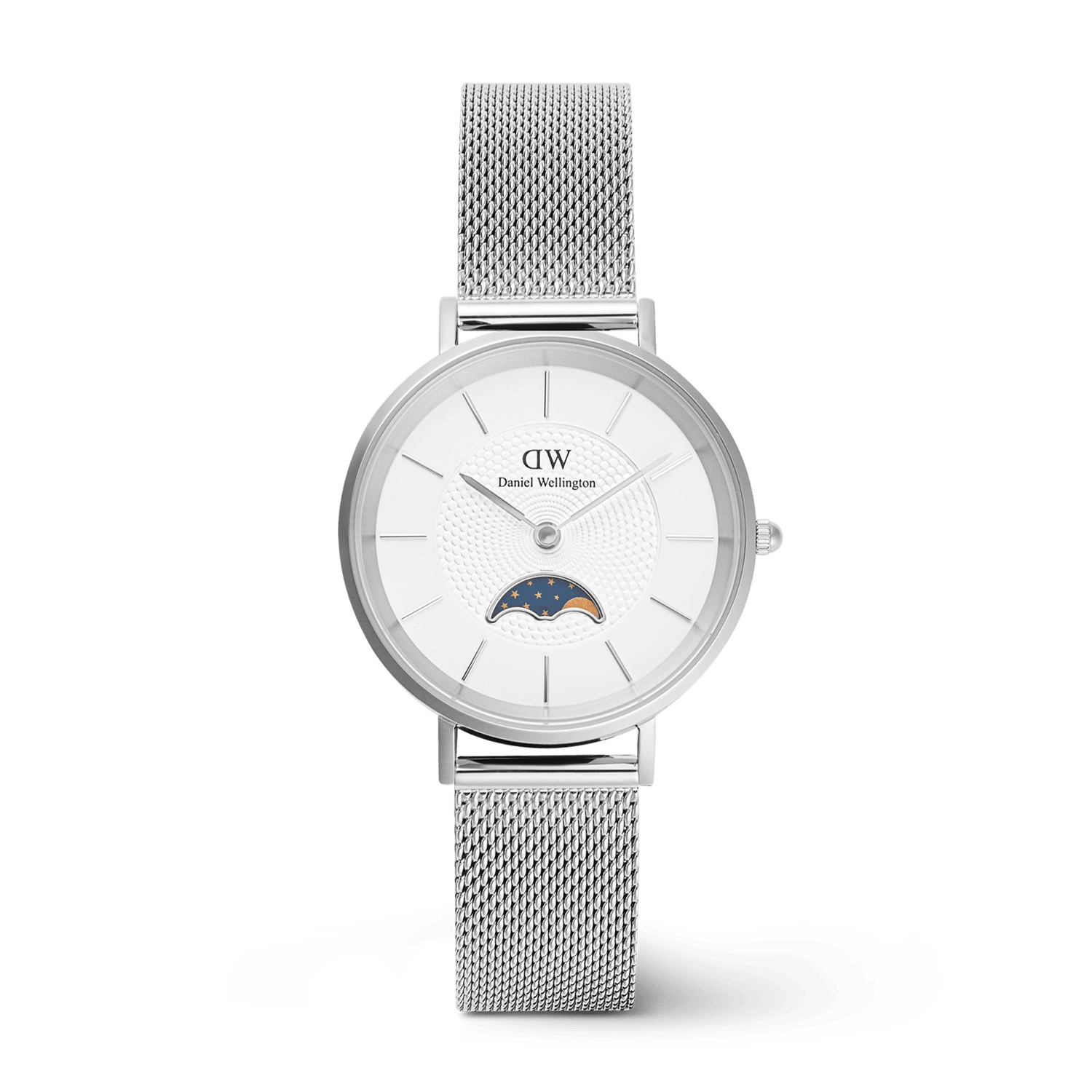 Slim silver mesh moon phase watch with a white minimalist dial and petite 32mm case, featuring a distinctive lunar sub-dial.