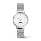 Slim silver mesh moon phase watch with a white minimalist dial and petite 32mm case, featuring a distinctive lunar sub-dial.