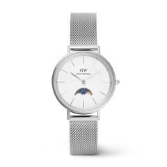 Slim silver mesh moon phase watch with a white minimalist dial and petite 32mm case, featuring a distinctive lunar sub-dial.