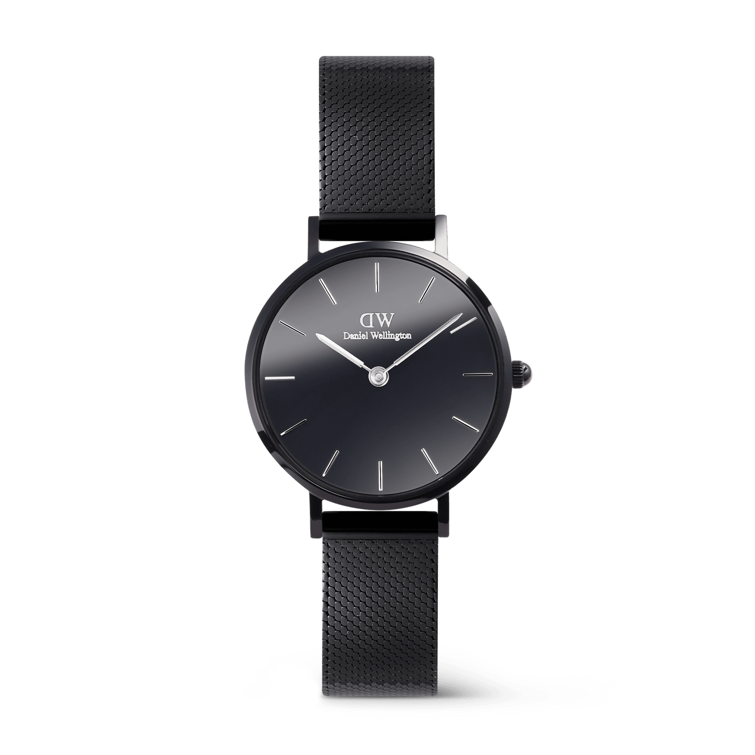 Petite Reflection Black women's watch featuring a polished black mesh strap, minimalist round case, and a distinctive mirror glass dial with silver markers and hands.