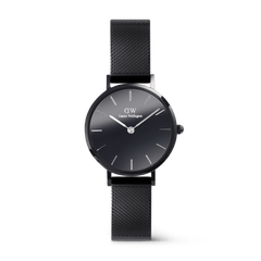 Petite Reflection Black women's watch featuring a polished black mesh strap, minimalist round case, and a distinctive mirror glass dial with silver markers and hands.