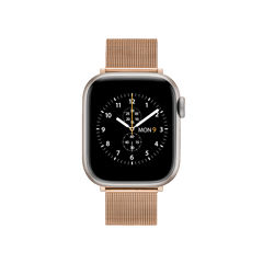 Apple Watch fitted with a rose gold mesh stainless steel strap, featuring a sleek woven design and an elegant, adjustable clasp.