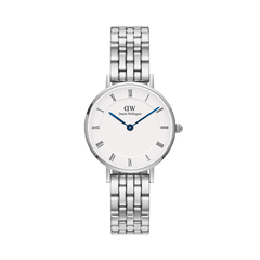 Petite silver women’s watch with 5-link bracelet, white Roman numeral dial, and blue hands by Daniel Wellington.