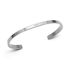 Slim silver Classic Lumine Bracelet S with an open cuff design, featuring six sparkling crystals and engraved detailing along the polished stainless steel band.