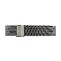 Graphite mesh watch strap in 316L stainless steel with a subtle grey PVD finish, featuring a folded clasp and fine, breathable mesh design for a comfortable and contemporary look.