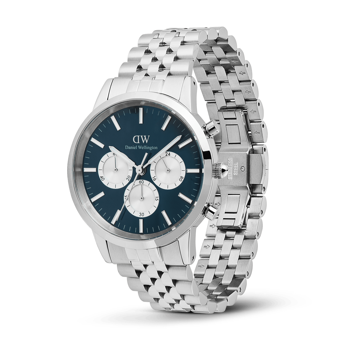Daniel Wellington Iconic Chronograph Arch 5-Link Arctic Panda Silver watch with a blue enamel-finished dial, silver sub-dials, and a polished stainless steel 5-link bracelet, shown with an open butterfly clasp.