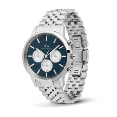 Daniel Wellington Iconic Chronograph Arch 5-Link Arctic Panda Silver watch with a blue enamel-finished dial, silver sub-dials, and a polished stainless steel 5-link bracelet, shown with an open butterfly clasp.
