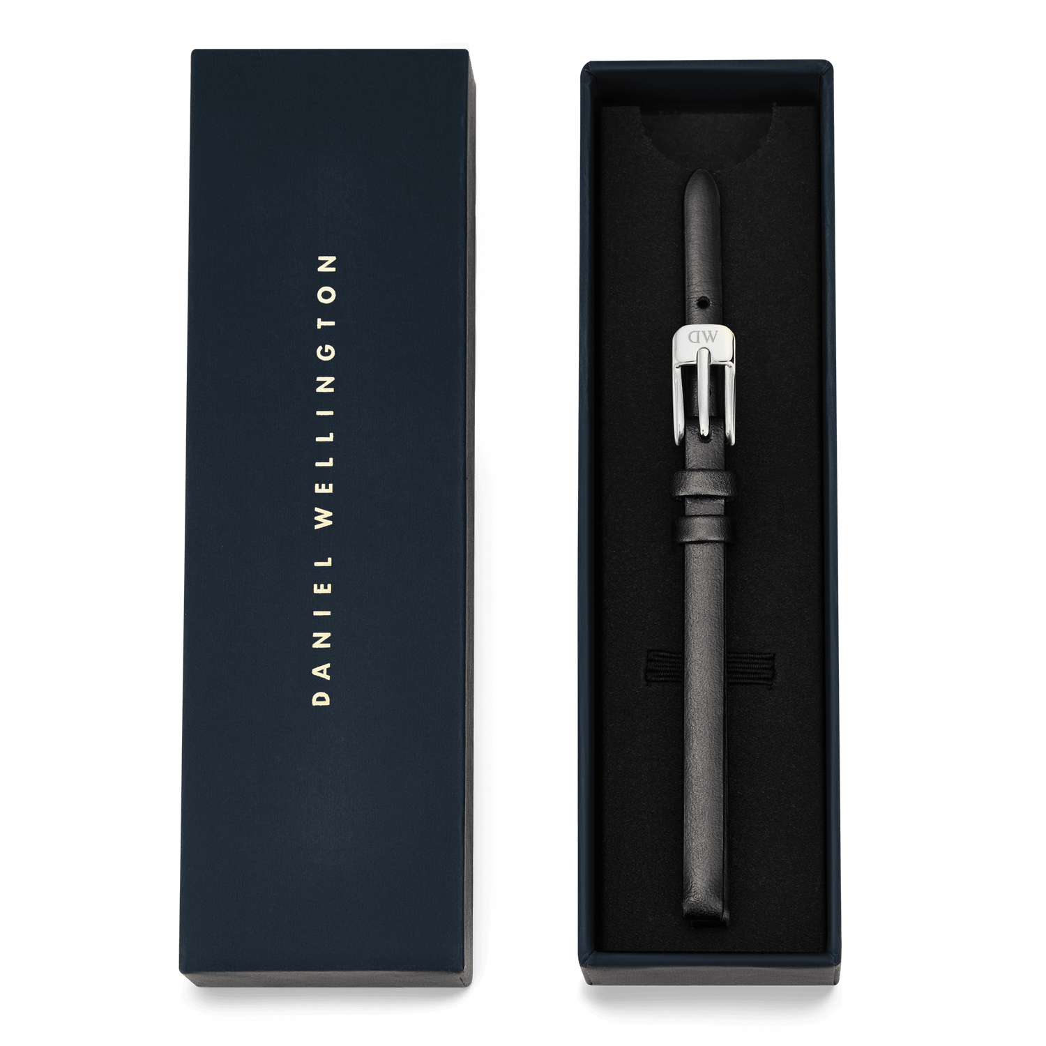 Pressed Sheffield Strap Silver presented in an elegant navy Daniel Wellington gift box, featuring a slim black genuine leather band with a polished silver buckle and subtle stitching.