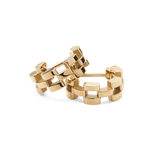 Pair of small gold 3-link earrings with a geometric, polished finish inspired by watch strap links, shown against a plain background.