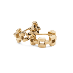 Pair of small gold 3-link earrings with a geometric, polished finish inspired by watch strap links, shown against a plain background.