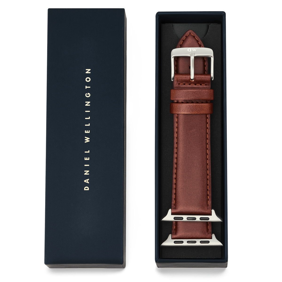 St Mawes Silver brown leather smartwatch strap with polished silver buckle, presented in a signature Daniel Wellington gift box, designed to fit the Apple Watch Ultra.