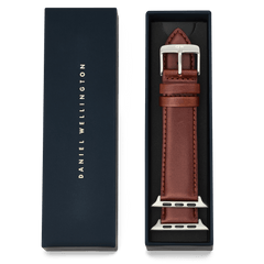 St Mawes Silver brown leather smartwatch strap with polished silver buckle, presented in a signature Daniel Wellington gift box, designed to fit the Apple Watch Ultra.