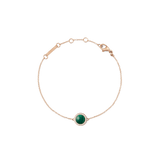 Rose gold adjustable bracelet with round green malachite centre and cubic zirconia accents on a delicate chain.