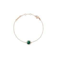 Rose gold adjustable bracelet with round green malachite centre and cubic zirconia accents on a delicate chain.