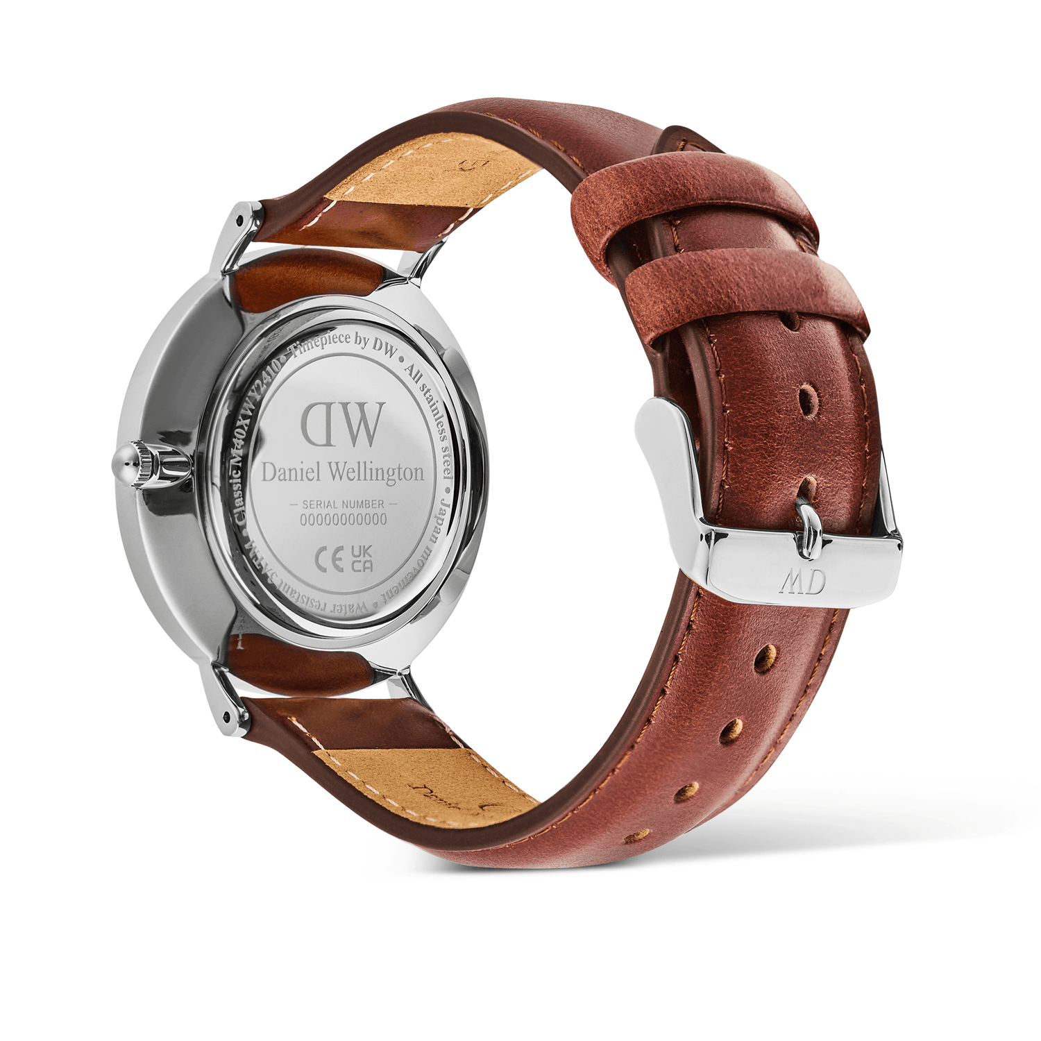 Rear view of the Classic Multi-Eye St Mawes Off-white Sunray Silver watch, highlighting the engraved stainless steel case back, brown genuine leather strap, and polished silver pin buckle.