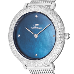 Close-up of Crystalline Bezel Sterling Blue watch with blue mother-of-pearl dial and sparkling cubic zirconia bezel.