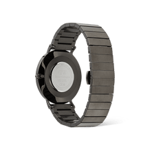 Rear view of the Classic Piano Link Graphite Unitone watch, highlighting the brushed graphite stainless steel piano link strap and engraved case back.