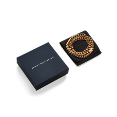 Chunky Chain Necklace Gold presented coiled on a black cushion beside a navy Daniel Wellington gift box.