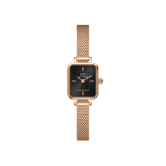 Quadro Mini Melrose Onyx women’s watch featuring a petite rectangular rose gold case, black sunray dial, and a fine rose gold mesh strap with a modern, minimalist design.