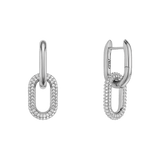 Pair of silver drop earrings featuring bold oval links adorned with sparkling cubic zirconia crystals, combining a polished finish with a modern, industrial-inspired design.