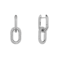 Pair of silver drop earrings featuring bold oval links adorned with sparkling cubic zirconia crystals, combining a polished finish with a modern, industrial-inspired design.