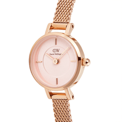 Petite Mini Blush Melrose rose gold watch with a blush pink sunray dial and a fine mesh strap, featuring minimalist hour markers and a compact, elegant design.