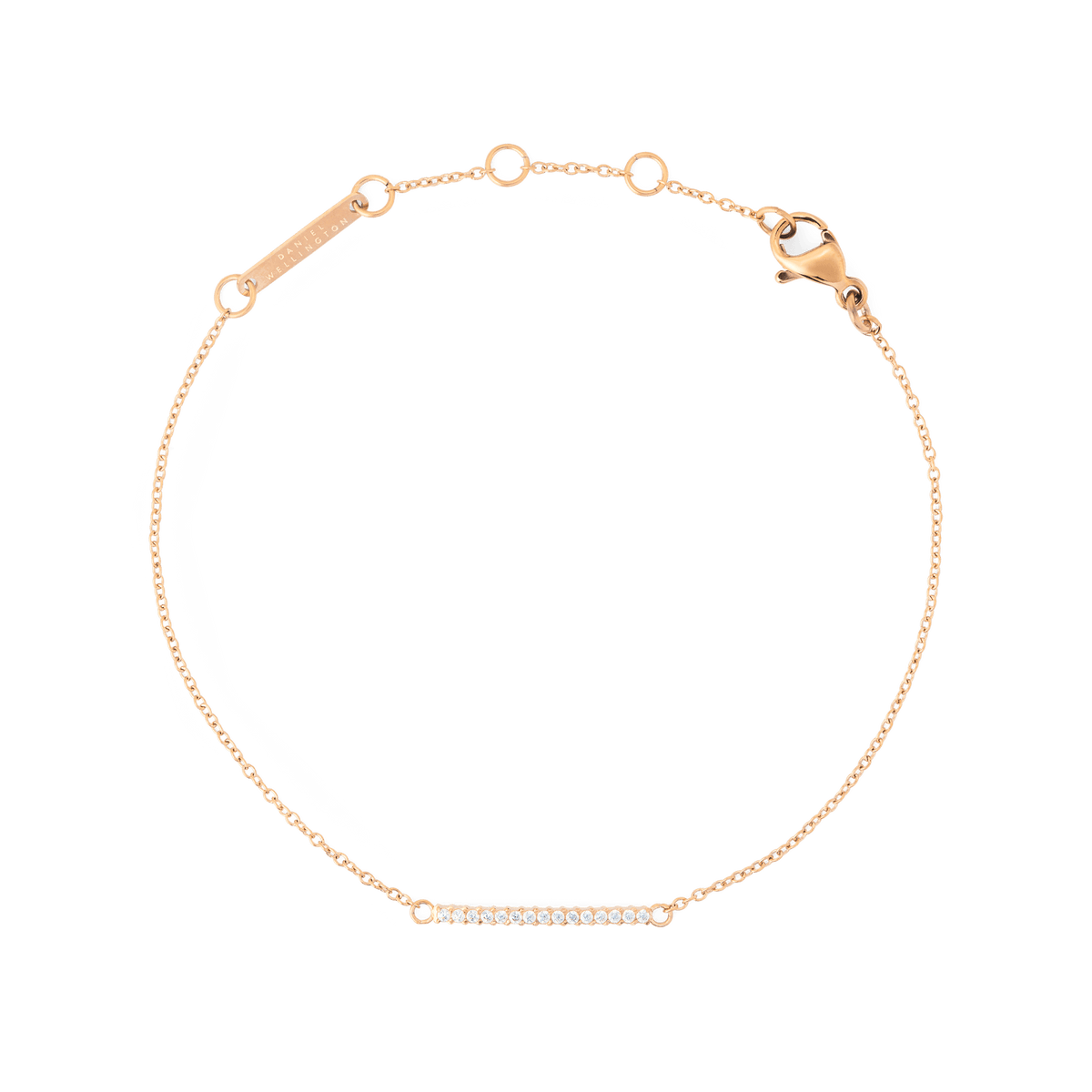 Rose gold chain bracelet featuring a slender adjustable band and a delicate bar set with white cubic zirconia crystals, offering a minimalist and elegant style.