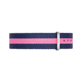 Winchester Strap Silver NATO watch strap in navy blue with a bold pink stripe, crafted from durable polyester and finished with a polished silver buckle.