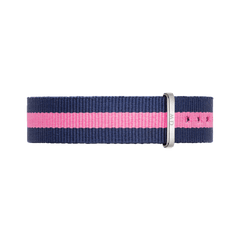 Winchester Strap Silver NATO watch strap in navy blue with a bold pink stripe, crafted from durable polyester and finished with a polished silver buckle.