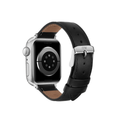 Silver smartwatch featuring a black genuine leather strap with white stitching and a polished silver buckle engraved with the DW logo.