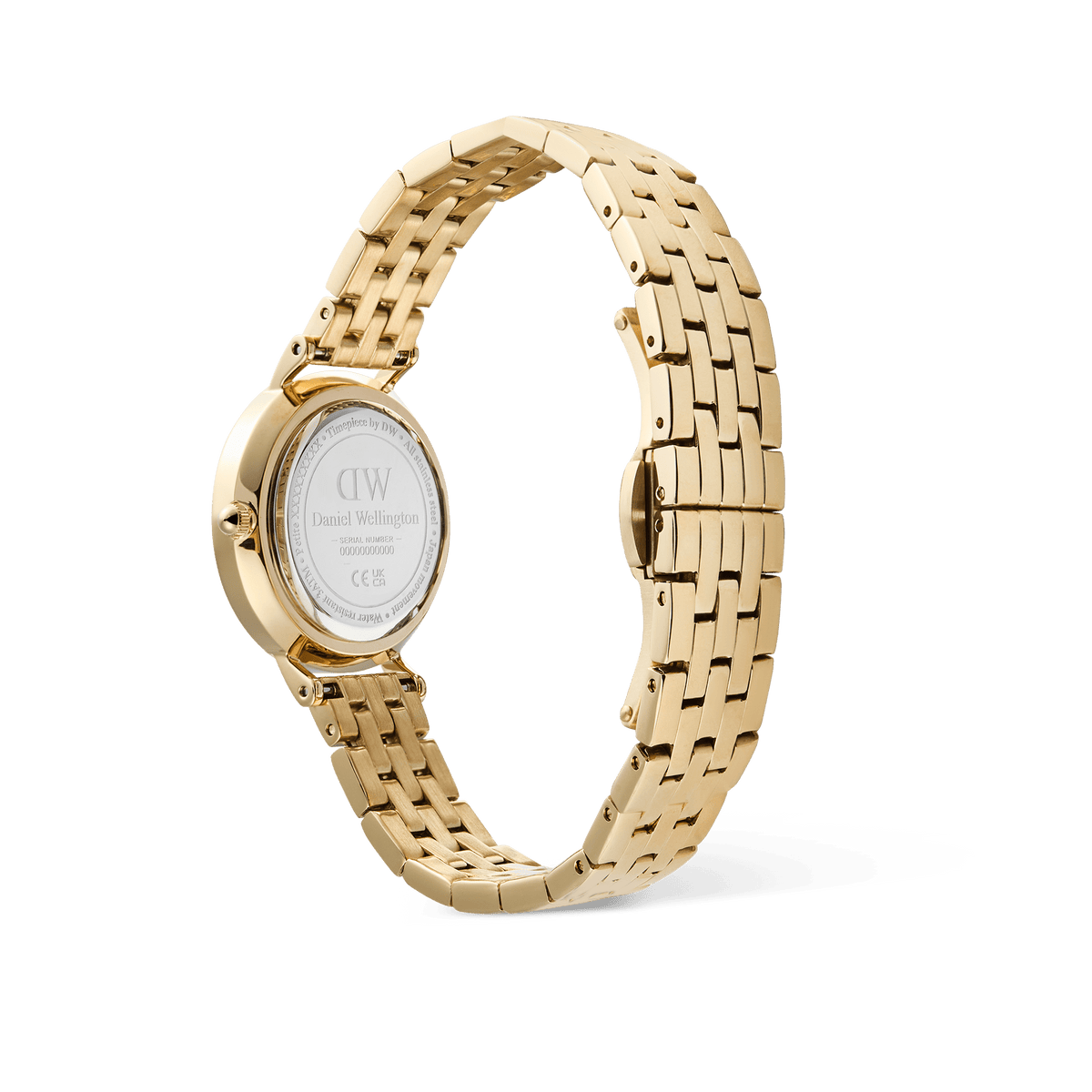 Rear view of the Petite Roman Numerals Date 5-link Gold watch, highlighting the polished gold five-link bracelet, stainless steel case back, and butterfly clasp design.
