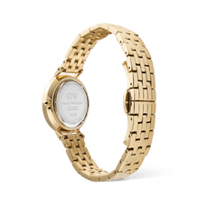 Rear view of the Petite Roman Numerals Date 5-link Gold watch, highlighting the polished gold five-link bracelet, stainless steel case back, and butterfly clasp design.