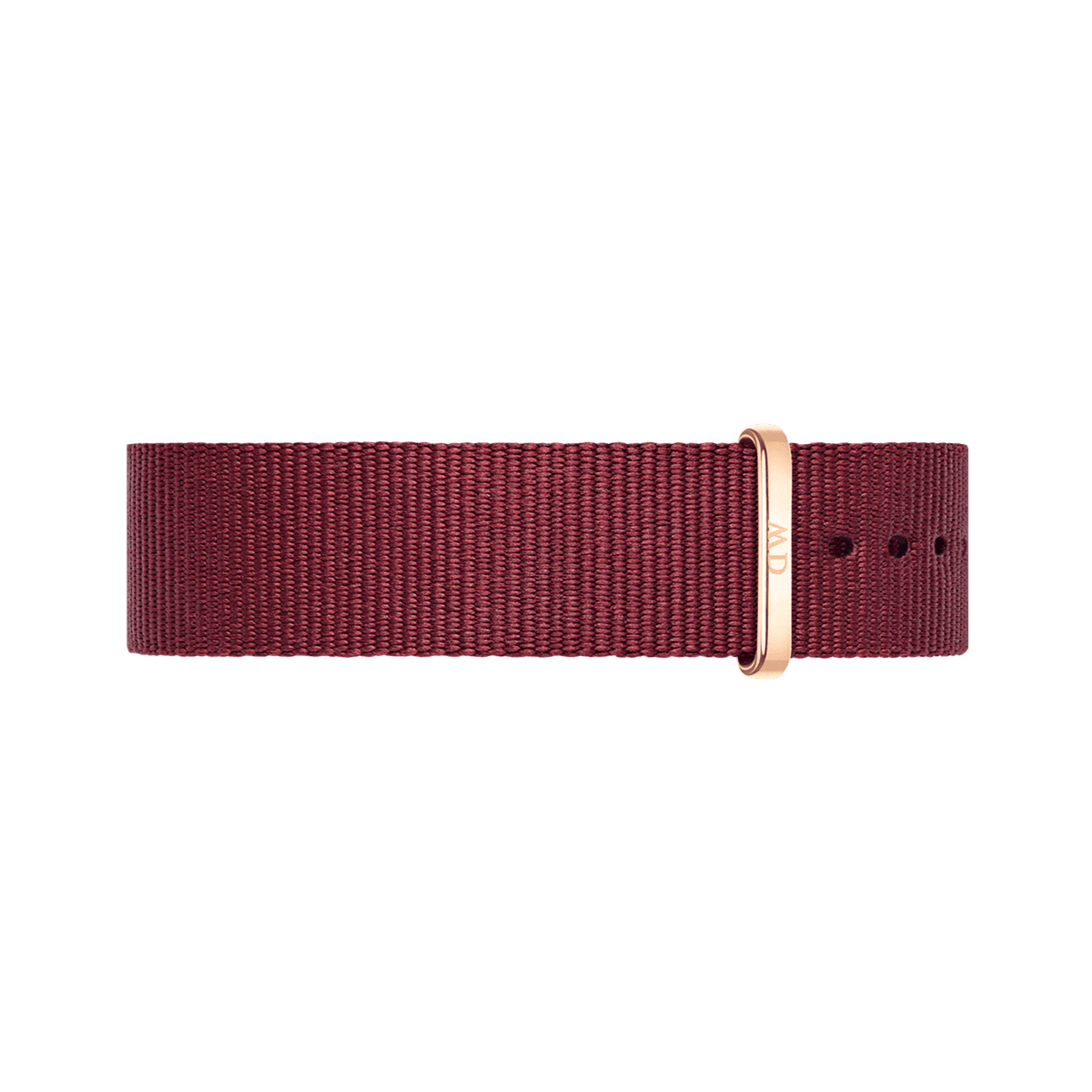 Ruby red polyester NATO watch strap featuring a sleek rose gold buckle and multiple adjustment holes, designed for Daniel Wellington watches.