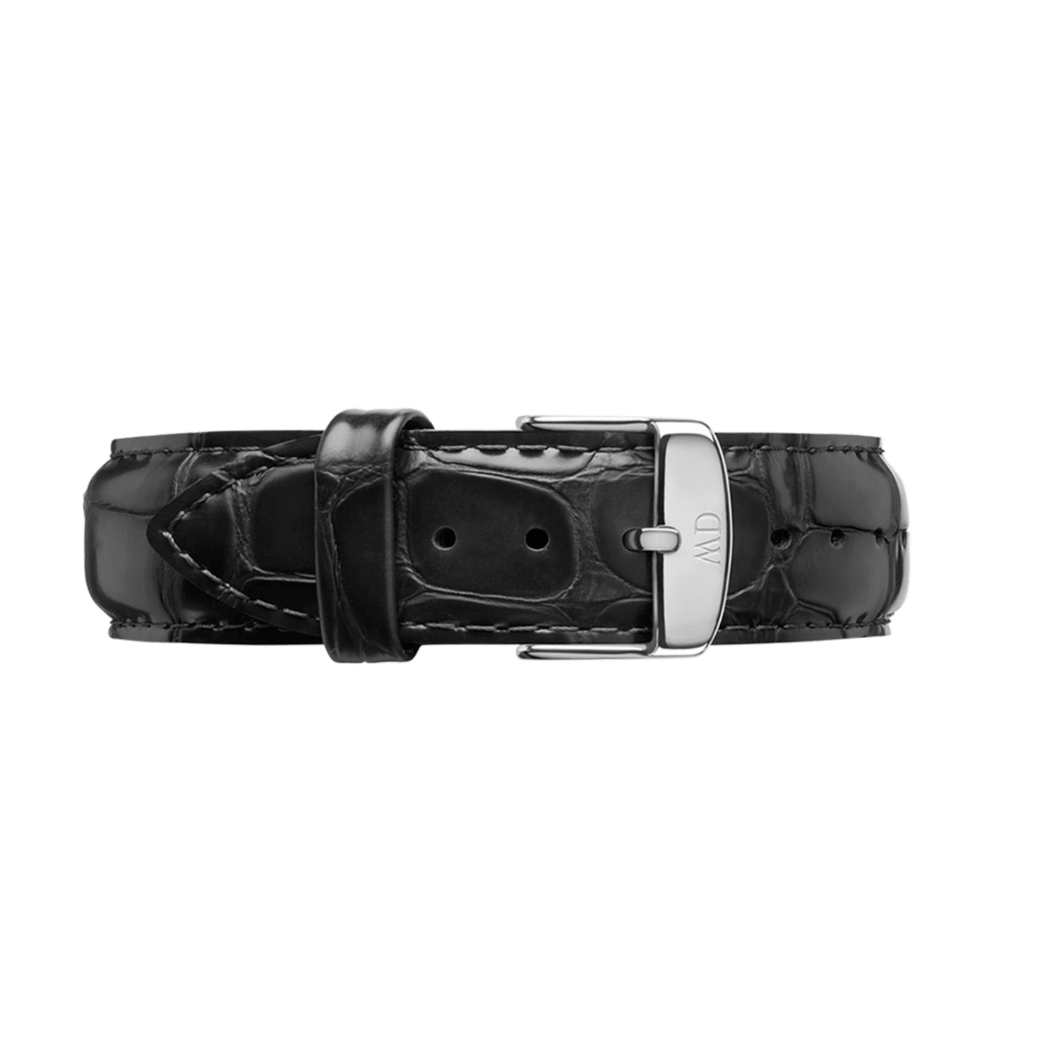 Genuine black croc embossed leather watch strap featuring a polished silver buckle with engraved branding, highlighting its refined texture and classic style.