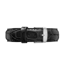 Genuine black croc embossed leather watch strap featuring a polished silver buckle with engraved branding, highlighting its refined texture and classic style.