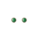 Pair of round gold stud earrings featuring a central green jade stone, surrounded by a border of sparkling white cubic zirconia crystals.