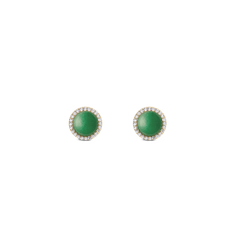 Pair of round gold stud earrings featuring a central green jade stone, surrounded by a border of sparkling white cubic zirconia crystals.