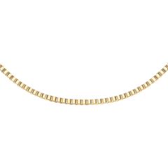 Gold box chain necklace with a polished, geometric design and a subtle, elegant shine.