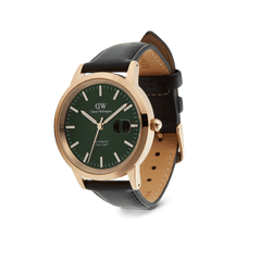Daniel Wellington Iconic Sheffield Automatic Rose Gold watch with an emerald green dial, rose gold stainless steel case, black leather strap, and magnified date display.